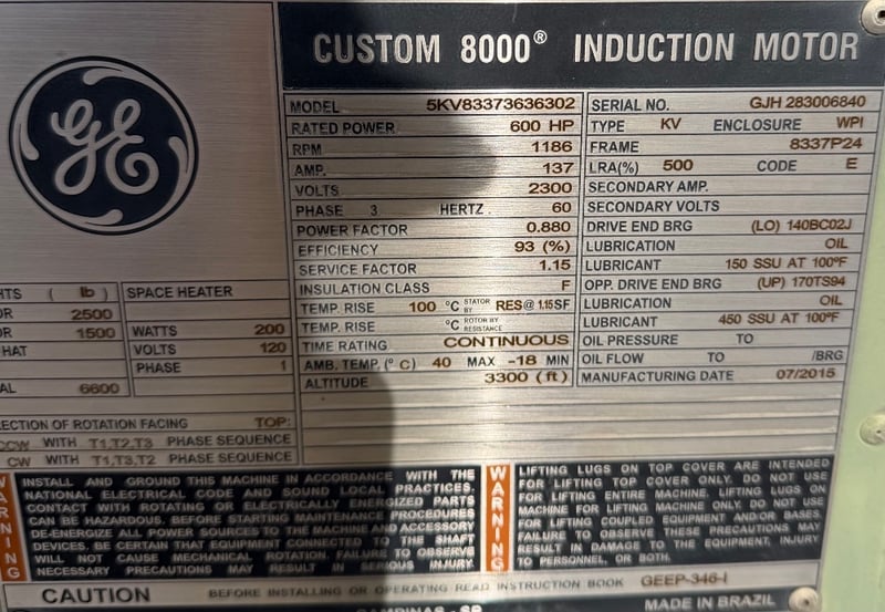 600 HP 1186 RPM General Electric, Frame 8337P24, weather protected enclosure type 1, Sleeve, 1.15 service