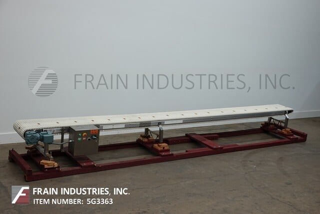 18" wide x 20' long, Span Tech #ST, Stainless Steel, flexlink belt conveyor, 1/2 HP drive and start stop