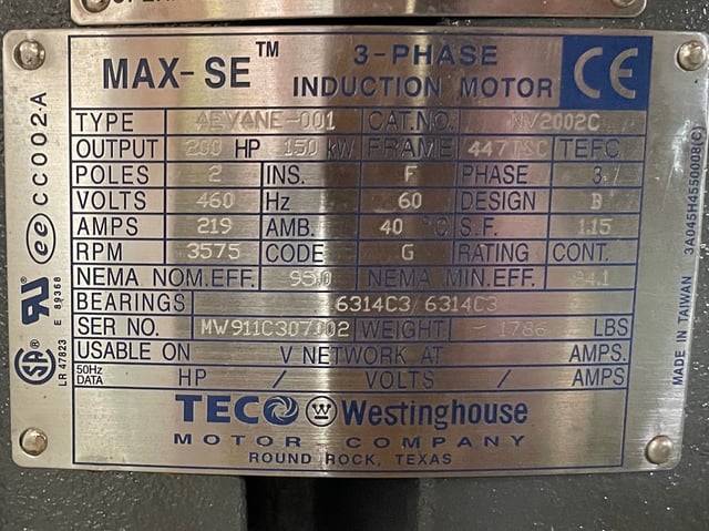 200 HP 3600 RPM Teco Westinghouse, Frame 447TSC, TEFC BB, 460 Volts, New Surplus
