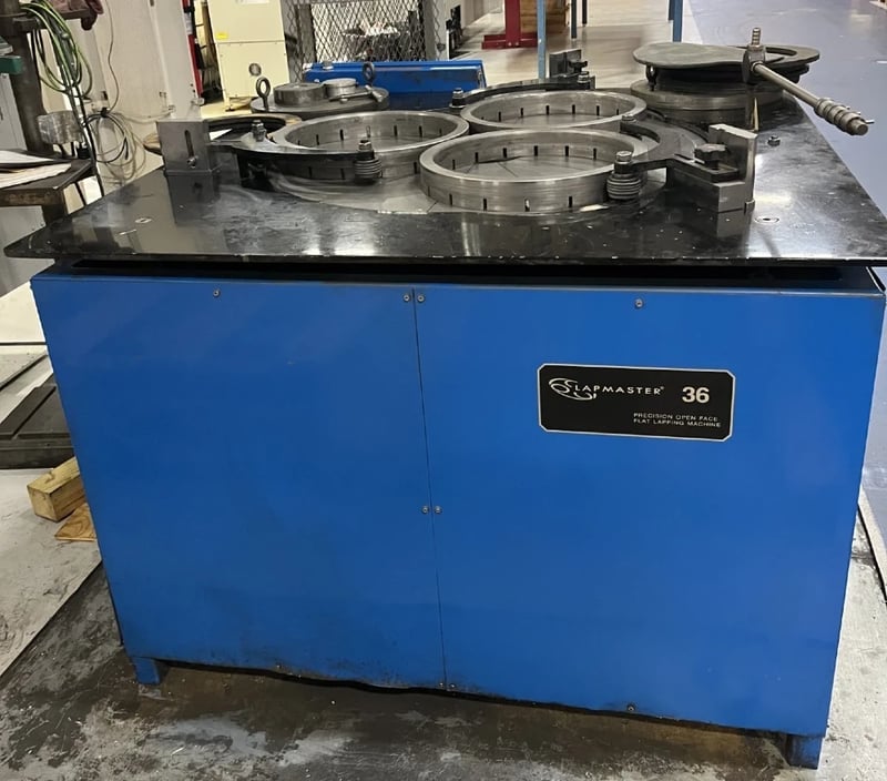 36" Lapmaster, open face, 3 rings (14-1/2" ID), cycle timer, slurry pump, nice condition