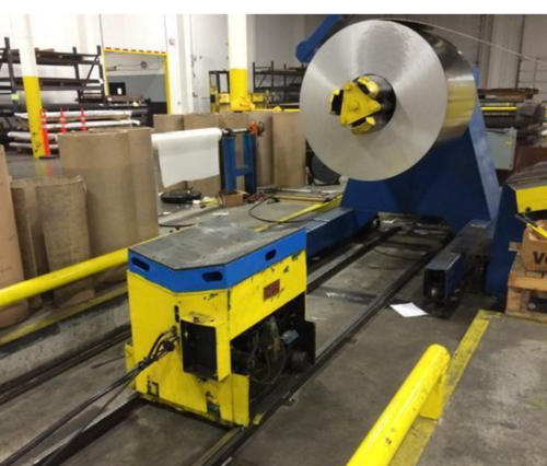 40000 lb. RBI mandrel uncoiler with floor standing coil car, 72" width, 19"-24" ID, L to R