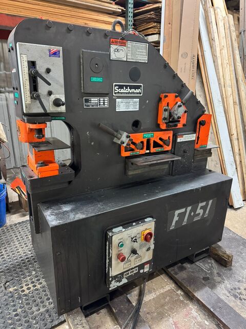 5" x 5" x 3/8" Scotchman #FI5109-14M, ironworker, 51 Ton, 9" throat, 3" stroke, 5 HP, 230 V., 37 SPM, 1996