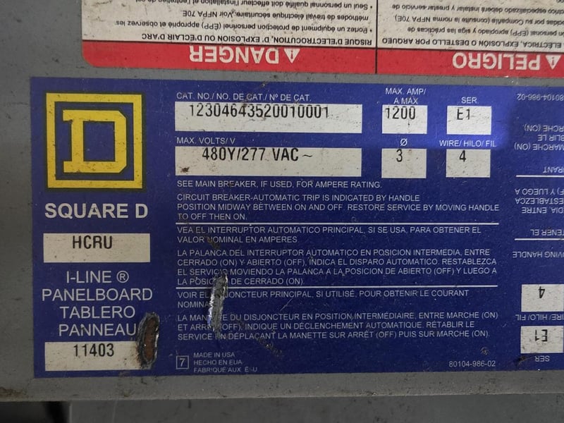 1200 Amps, Square D, Large Industrial Electrical Distribution Panel, 4-wire, 480Y/277 V.AC, 3PH