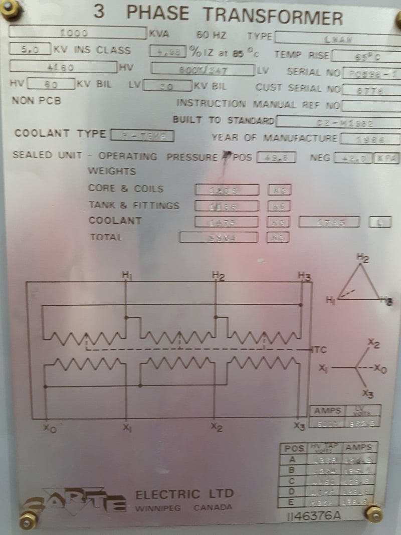 1000 KVA 4160 Delta Primary, 600Y Secondary, Station, Reconditionned