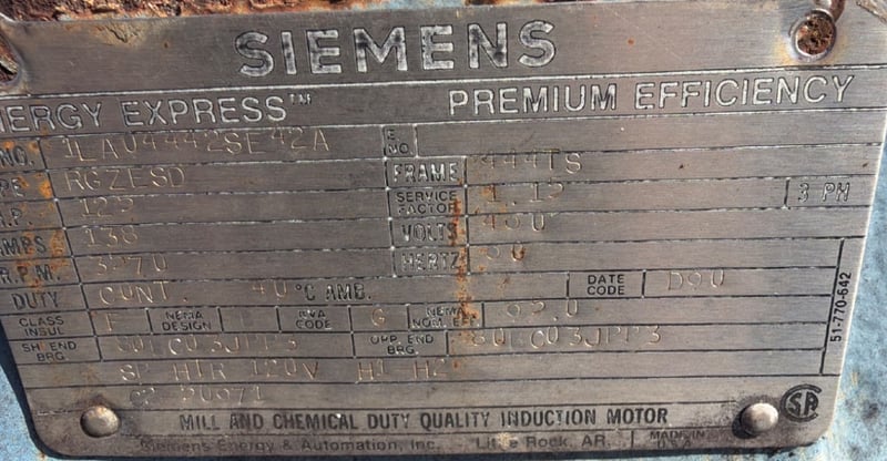 125 HP 3570 RPM Siemens, Frame 444TS, TEFC, 460 Volts, 1.15 service factor, Ball, offered electrically OK or