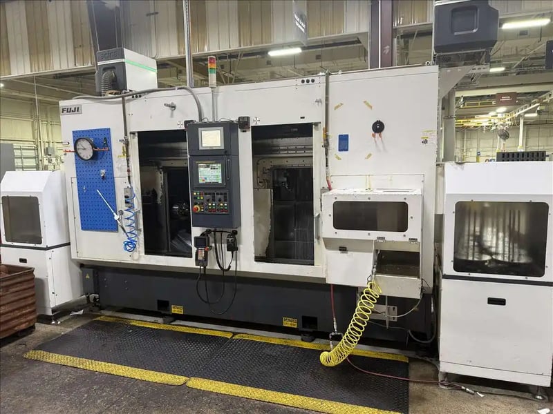 Fuji #ANW-35, twin spindle CNC lathe, Fanuc 0iTD, 10" swing, Fuji BC-20 robot, dual 8 pos turrets, 2013
