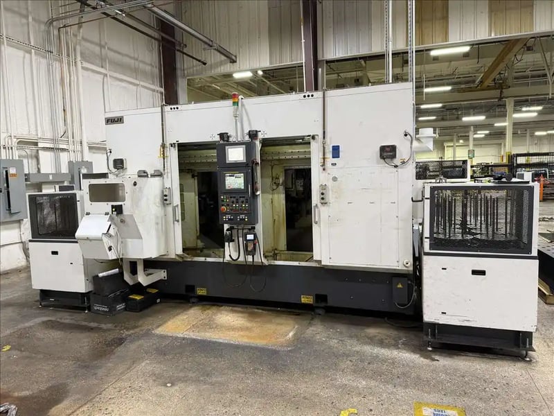 Fuji #ANW-41, twin spindle CNC lathe, Fanuc 0iTD, 18" swing, Fuji BC-20 robot, dual 12 pos turrets, 2014