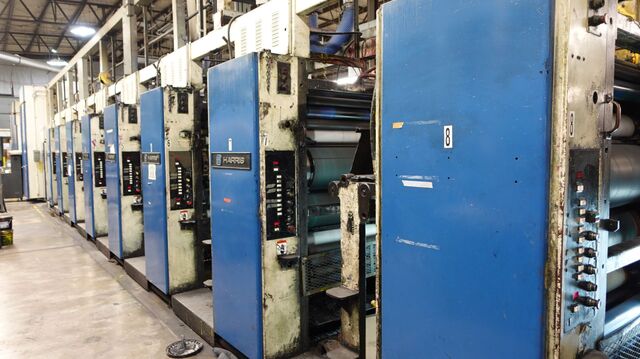 Harris #M1000A2, Double Web Offset Press System, 8 unit, 22.75" Cutoff, 38" width, 32 page, 45000 impressions