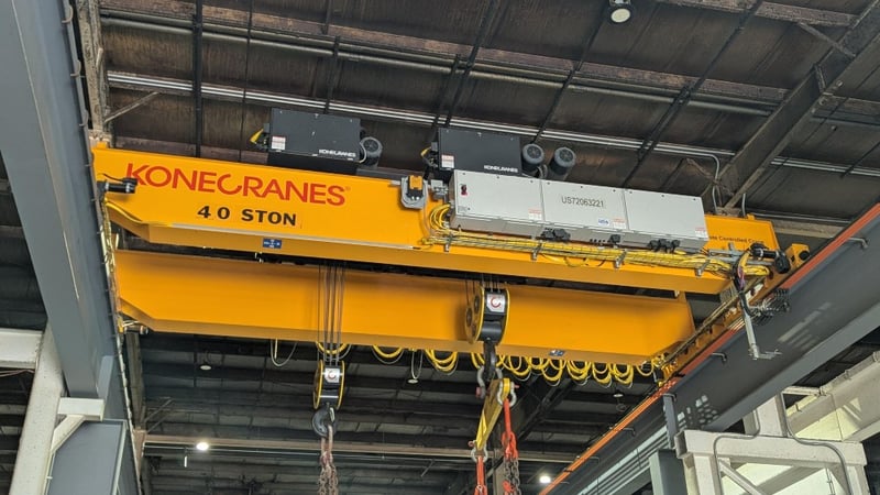 40 / 20 Ton, Kone, 26' 0" Span, 29' Lift, Class D, Radio Control, VFD Bridge/Trolley, 120' L Freestanding