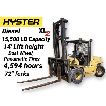 15500 lb. Hyster #H155XL, diesel dual forklift truck, 14' lift height, 72" forks, side shift
