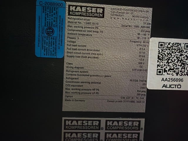 1200 SCFM, 232 PSIG, Kaeser #TF-340, refrigerated air dryer, R-513A, 460 V., 2022, AA256096