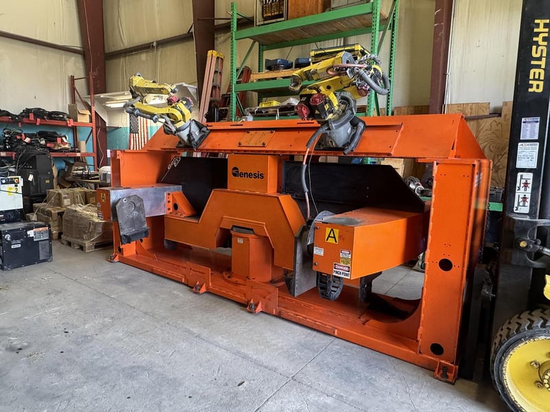 Genesis, SYSTEM 3X, dual trunnion MIG welding cell, (2) Fanuc ArcMate 100iC, 10 Kg, 1420mm reach, R-30iB