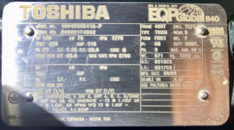 100 HP 1800 RPM Toshiba, Frame 405T, TEFC, BB, 1.15 service factor, 460 Volts, New Surplus (6 Available)