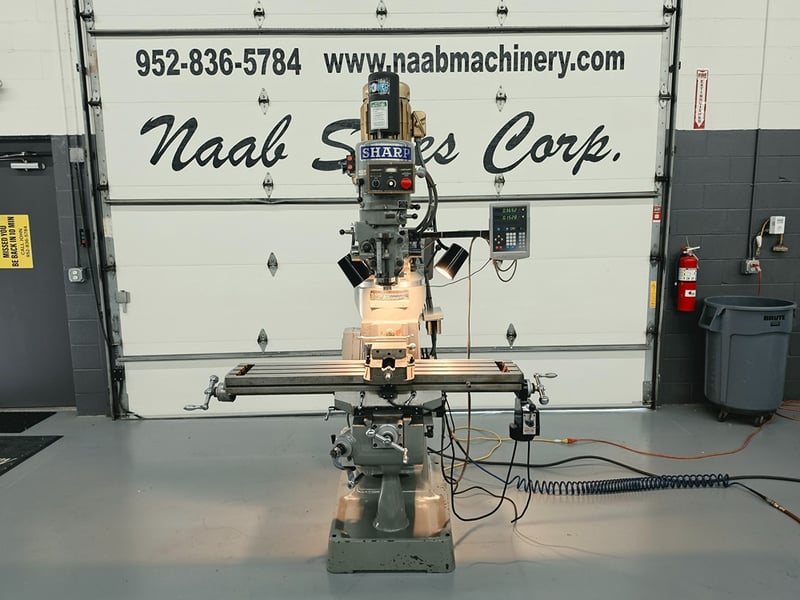 Sharp #LMV-50-DVS, Vertical Turret Mill, 9" x 50" table, 36.6" X, 12" Y, 5" Z, 12" ram travel, 16" vertical