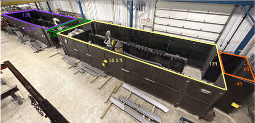 OTC, FBD-6L, 6-Axis Robotic Welding Cell, 60" x 30" weld table, 35' x 13' weld cell size, 26' slide length