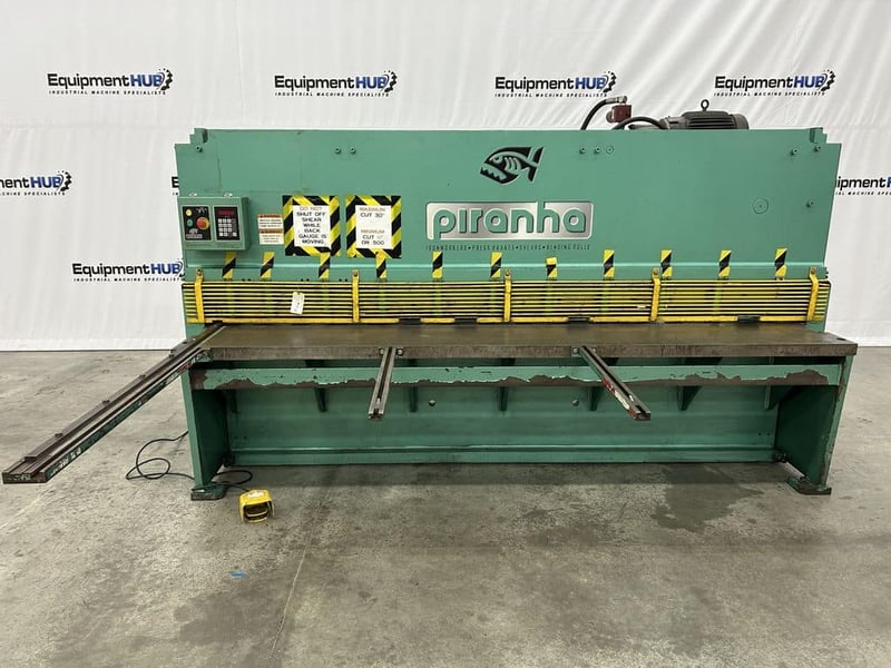 1/4" x 10' Piranha #M1/4-10, hydraulic shear, 39" front operated back gauge, 10 hold downs, (2) front arm