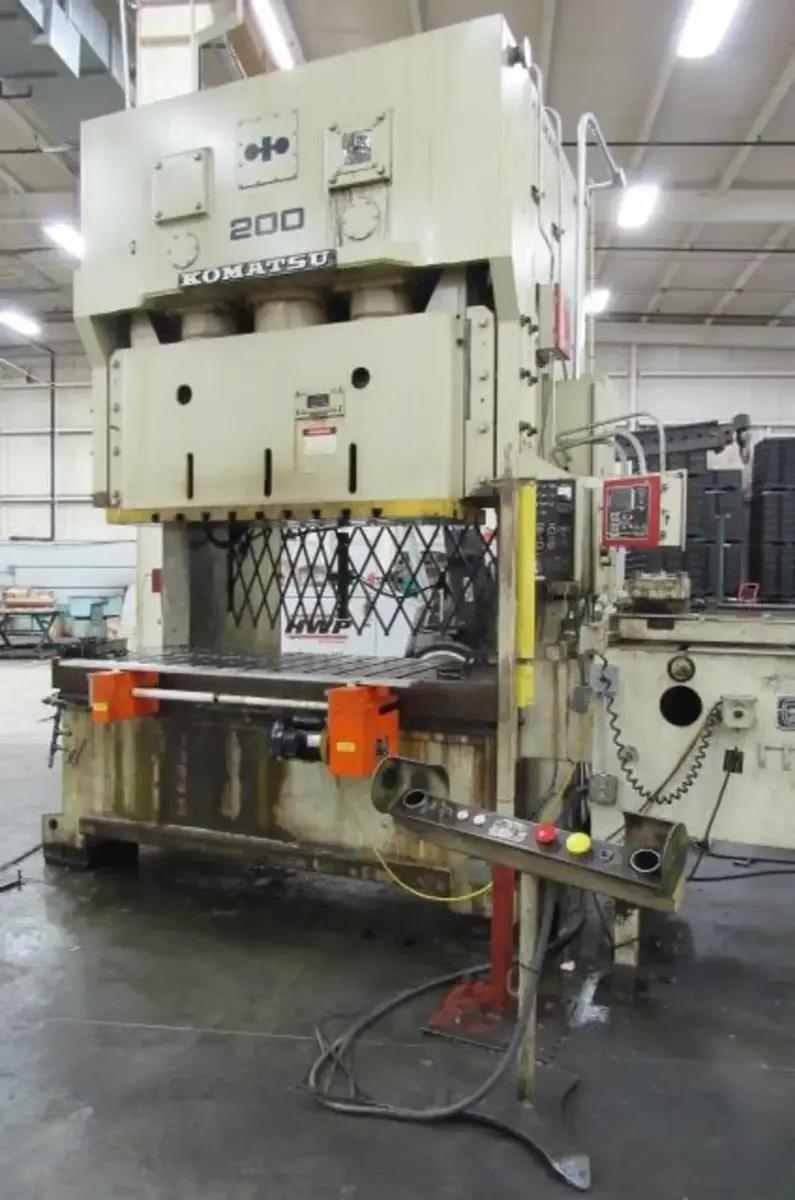 220 Ton, Komatsu #OBW-200-2, gap frame double crank press, 9.84" stroke, 19.69" Shut Height, 4.72" adj.
