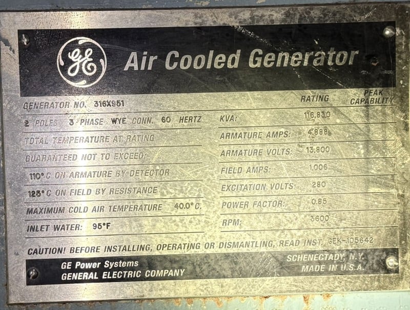 116000 KVA, 3600 RPM, General Electric 7A6 Generator end 13800 Volts 3/60 hz, TEWAC, CCW