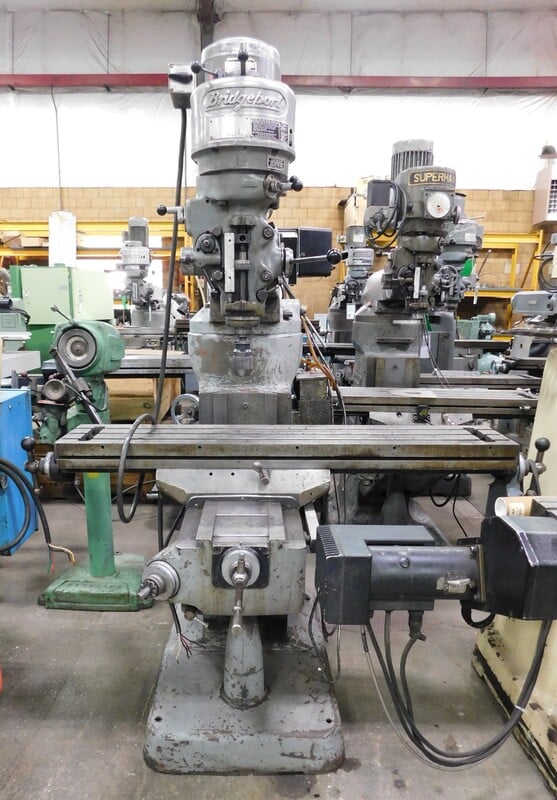 Bridgeport #J, vertical mill, 9" x48" tbl., 1 HP, 12" X, 30" Y, 16" Z, 60-2800 RPM, R-8, servo 150 X-Axis