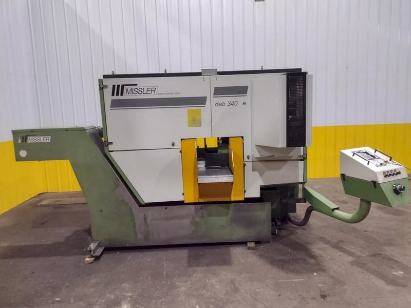 13.4" x 13.4" Missler #DEB-340-CE, automatic horizontal band saw, 99 programmable sequences, roller conveyor