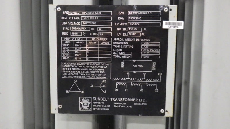 2500/2800 KVA 12470 Delta Primary, 2400Y/1385 Secondary, Sunbelt