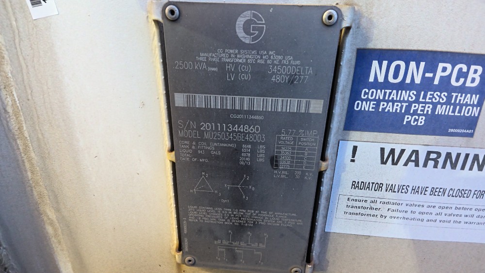 2500 KVA 34500 Delta Primary, 480Y/277 Secondary, Cg Power
