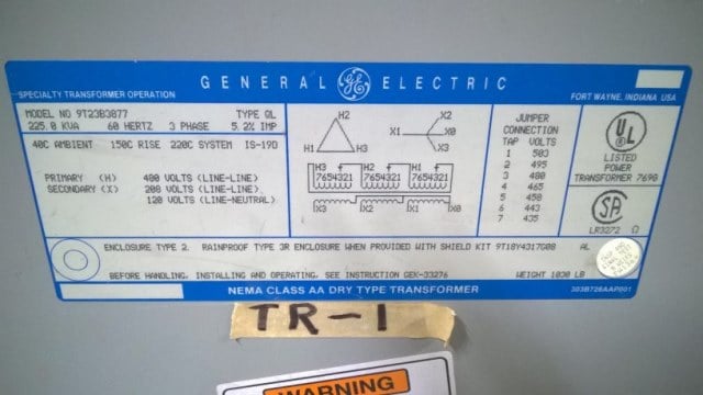 225 KVA 480 Primary, 208/120 Secondary, General Electric #9T23B3877, type QL, 3R
