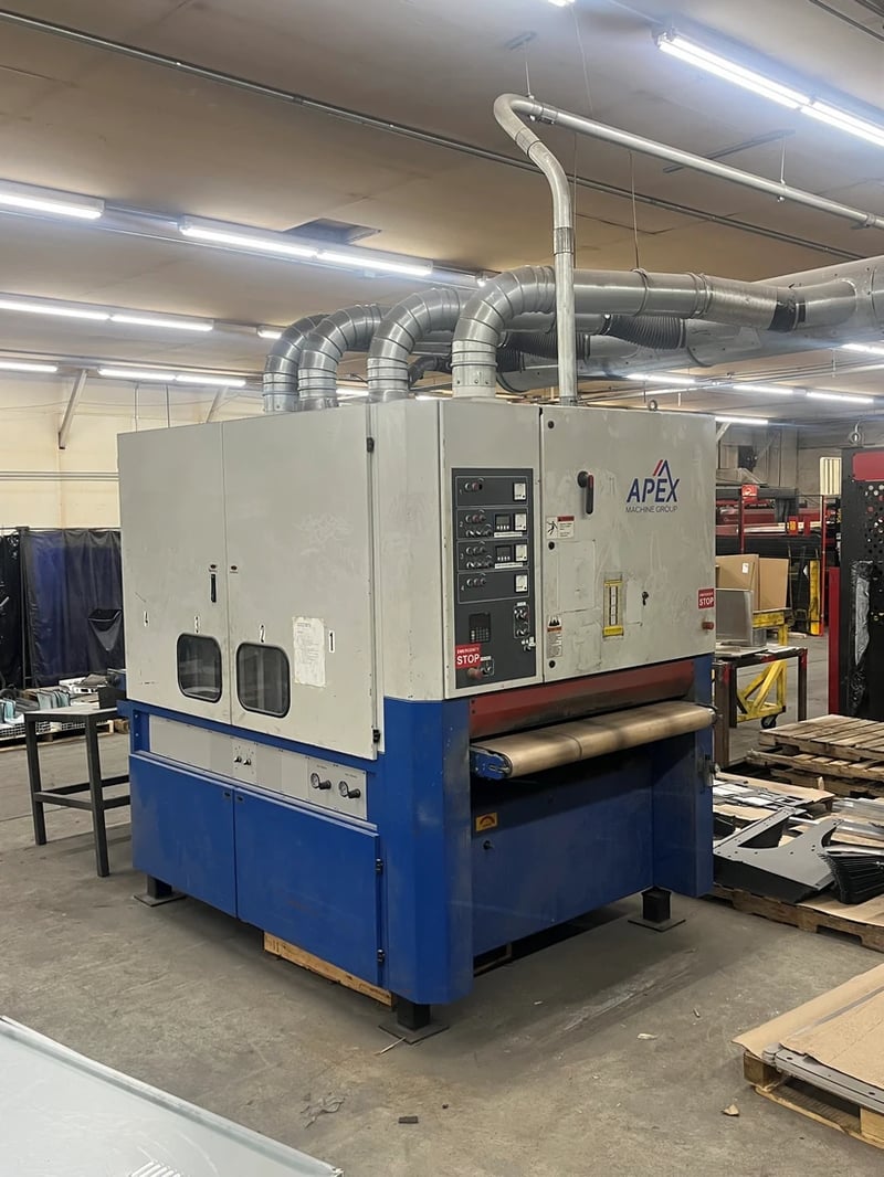 Apex #2052M-DSSD, Deburring Machine, 52" x 75" belt, 32"-38" passline height, 5.5" max. thickness, 30 HP, 230
