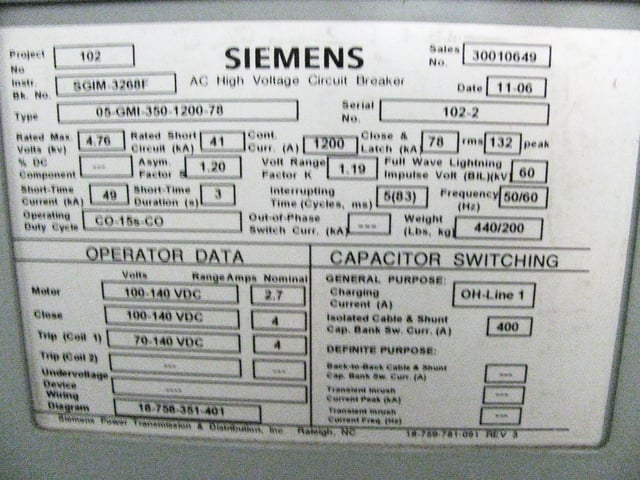 1200 Amps, Siemens #05-GMI-350-2000-78, vacuum circuit breaker, 2,300 Volts (6 available)
