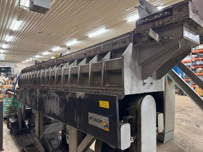 Rosler #R-350/4400-DA-KP-So, continuous vibratory finishing system, 13.8" diameter x 173" work channel, 11.8"