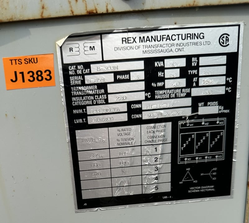 30 kVA 600 Delta Primary, 120Y/208 Secondary, REX ANLI, Dry-Type Transformer, Insulated Class 220C