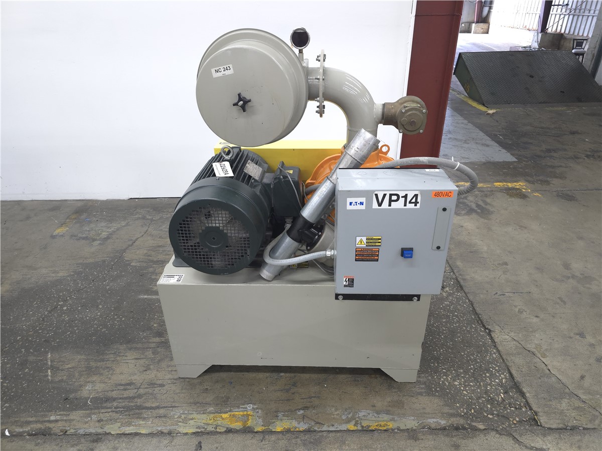 201 cfm Conair #PD-15, vacuum pump, 15 HP, w/ Roots 56J rotary lobe blower, 12" Hg vacuum relief, 3" outside