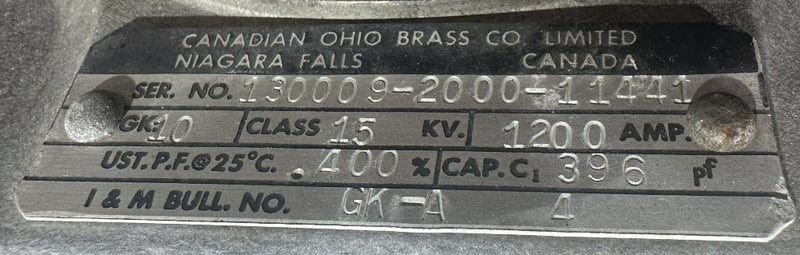 15 KV, Canadian Ohio Brass Co. Ltd., Condenser Bushing, HV, GK-10, 1200 Amp. SET of QTY 3