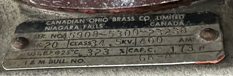 34 KV, Canadian Ohio Brass Co. Ltd., Condenser Bushing, HV, GK-25, 400 Amp. SET of QTY 3