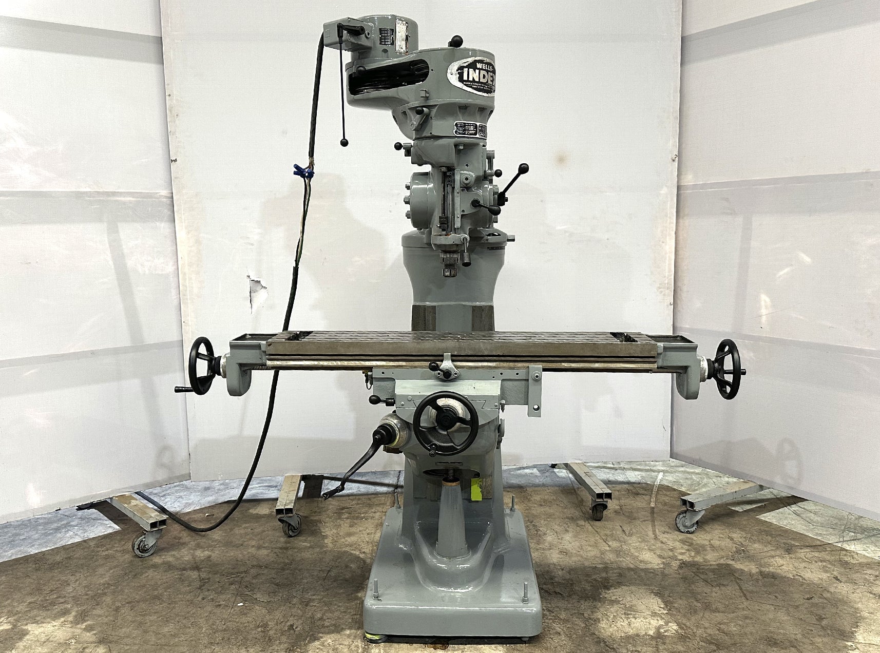 Wells-Index #747, vertical mill, 9" x46" tbl., 2 HP, R-8, variable speed, 220/440 V., 3 Ph.