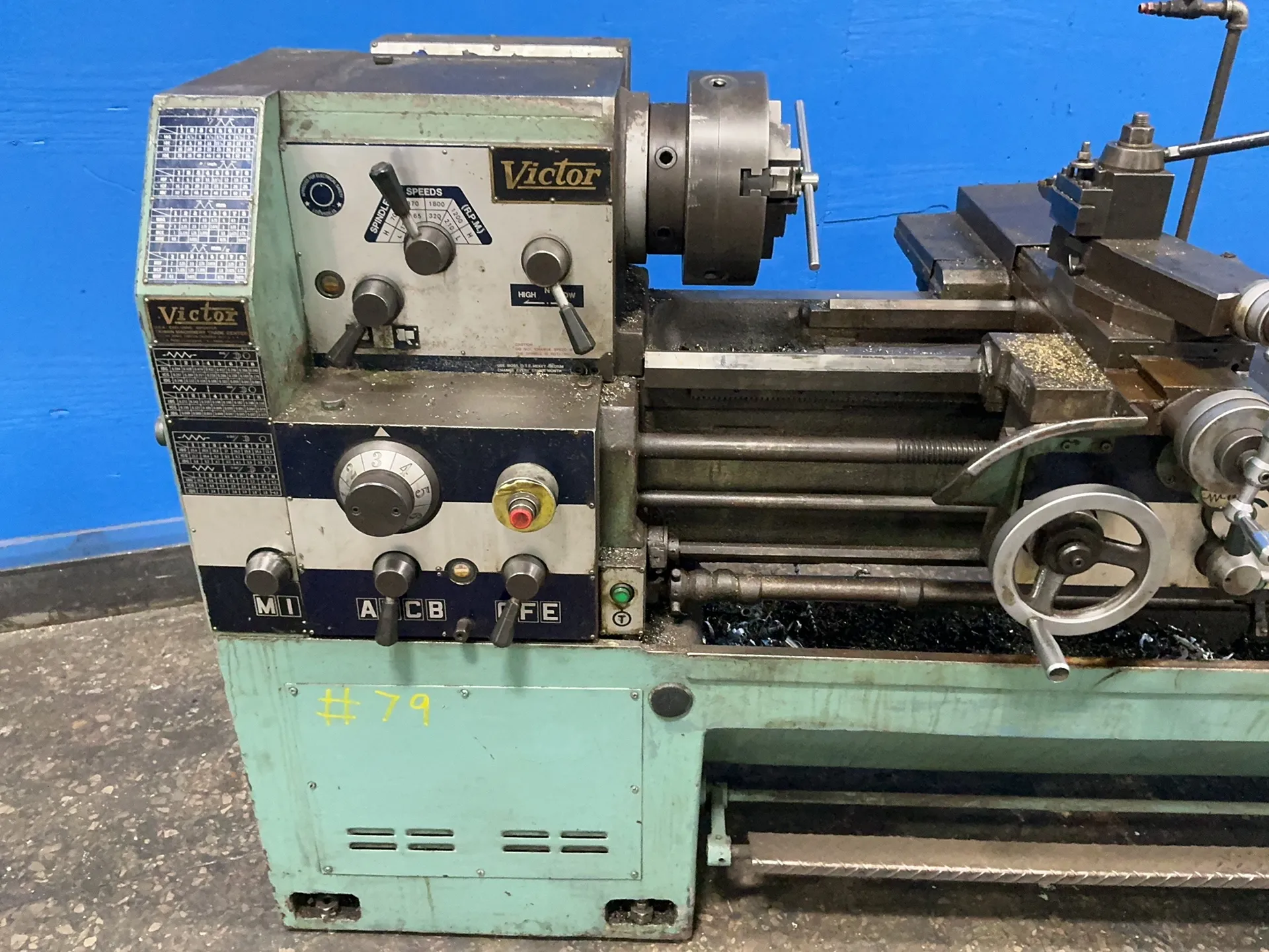 16" x 55" Victor #1660G, engine lathe, 10.5" 3-jaw chuck, 2" bore, tool post, tailstock, 5 HP, 220 V.