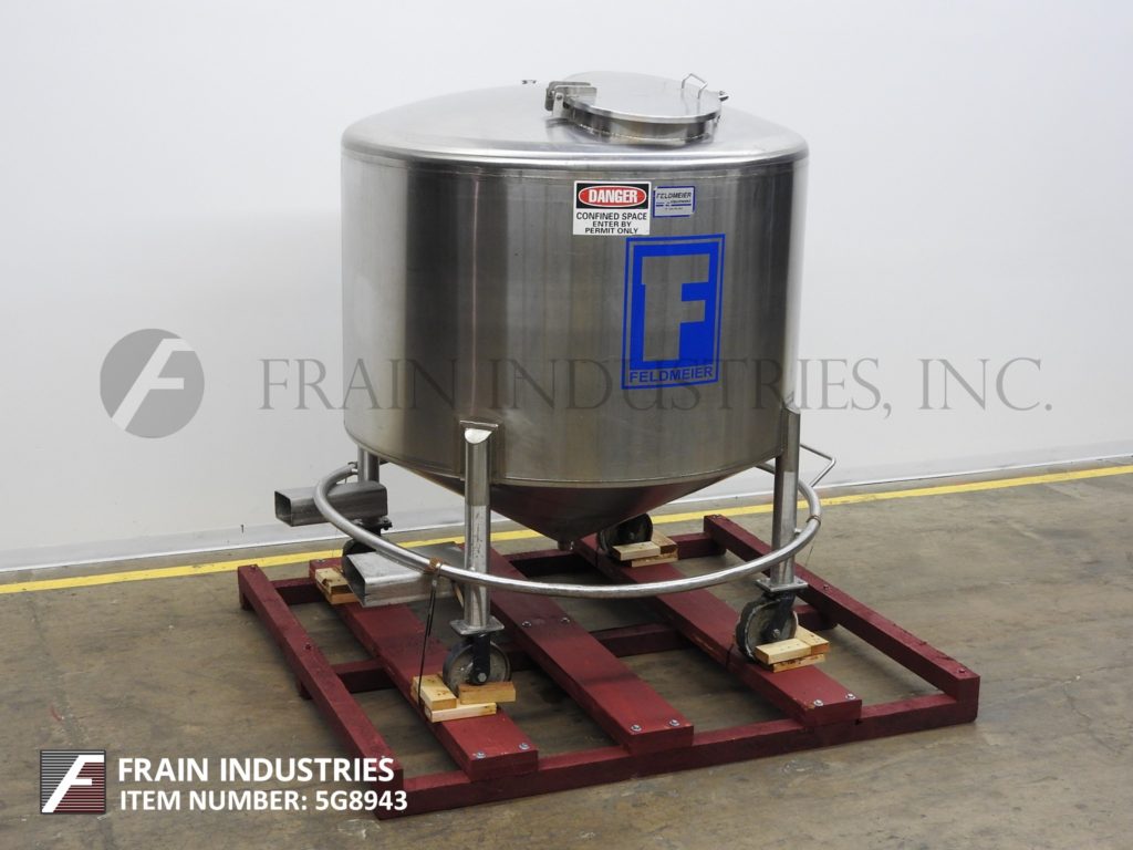 750 gallon Feldmeier, 304 Stainless Steel single wall tank, 65" diameter x 63" deep with a 44" straight wall