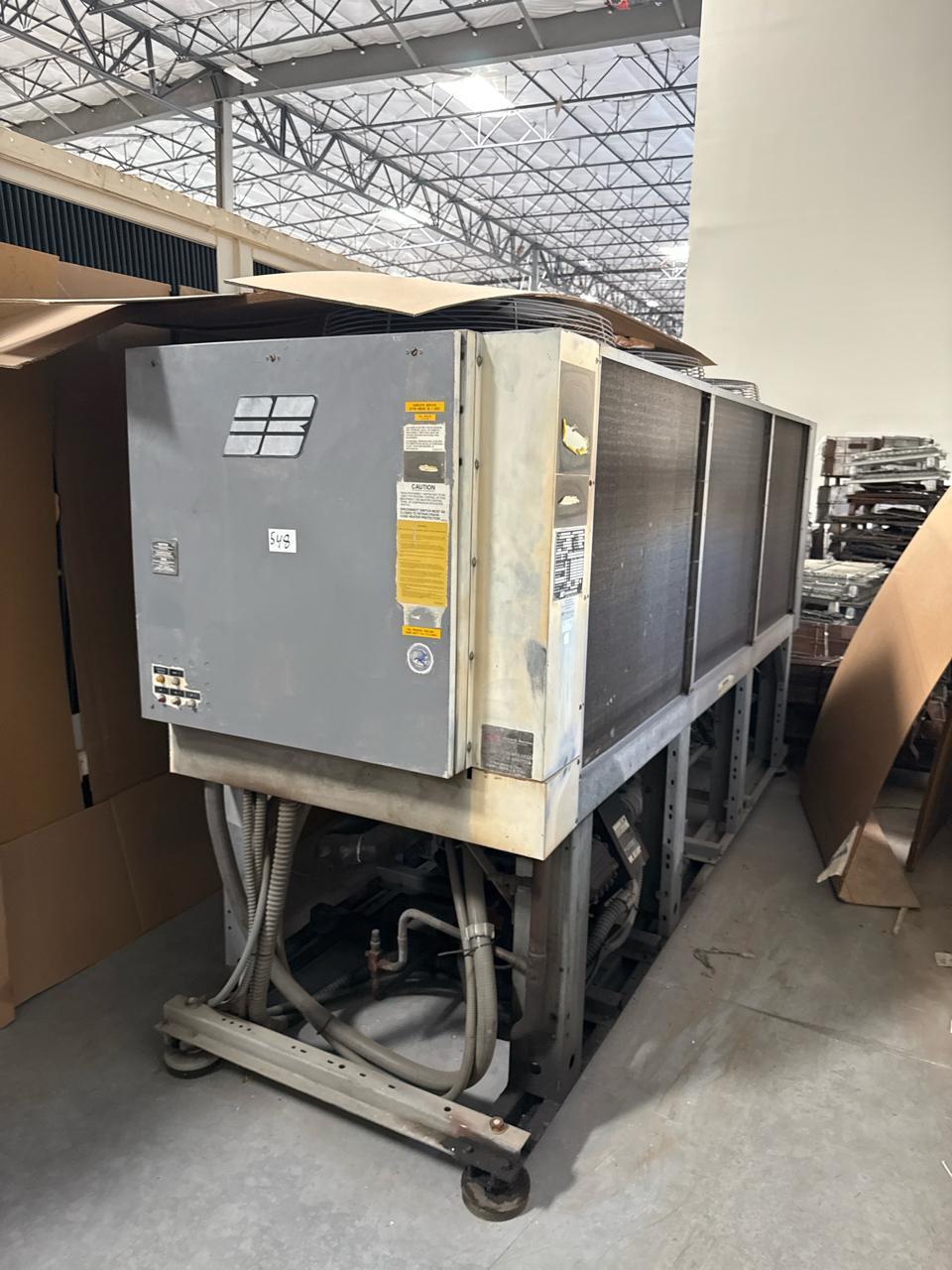 50 Ton, Dunham-Bush #ACDR30A, air cooled chiller, R22, 460 V., 3 Ph., new pump and new cooling barrel