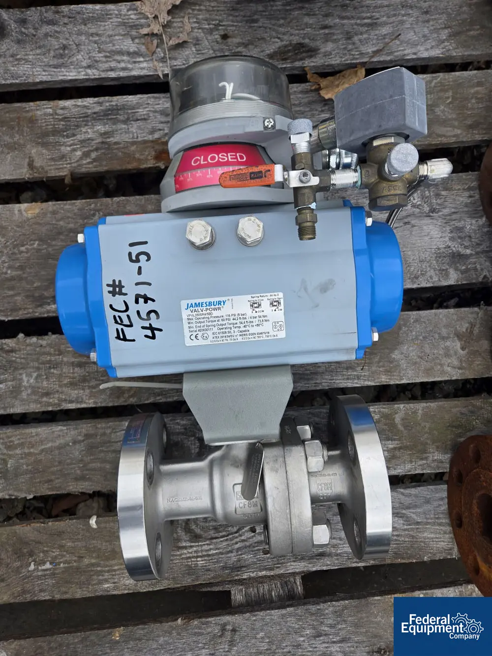 Pneumatic Valve, Stainless Steel, Jamesbury Valv-Powr #VPVL350SR4/5BD spring return actuator, Neles Quartz