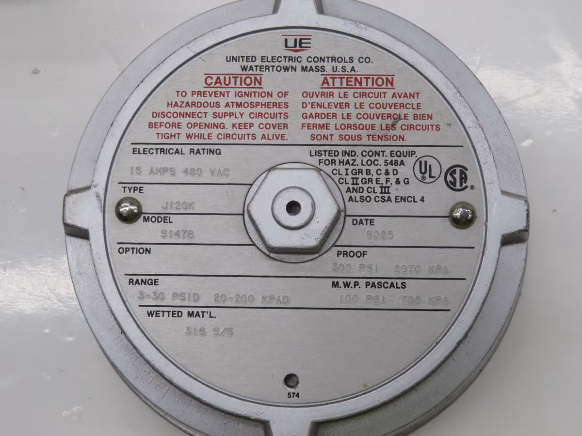 United Electric #J120K-S1478, Pressure Switch