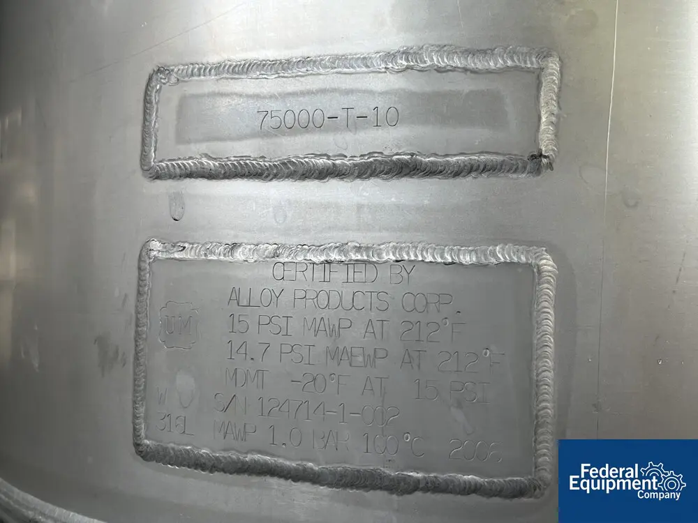26.42 gallon Alloy Products, Receiver Tank, 316L Stainless Steel, 100 liter, 15 psi & full vacuum @ 212°F - Image 2