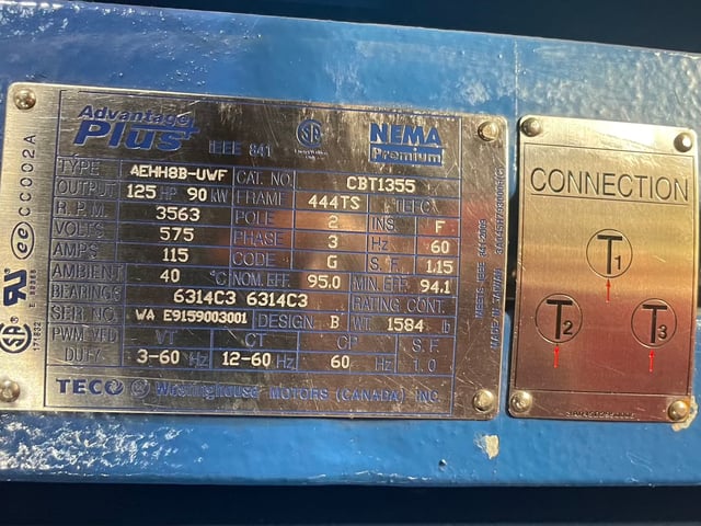 125 HP 3600 RPM Teco Westinghouse, Frame 444TS, TEFC BB, 575 Volts, New Surplus - Image 6