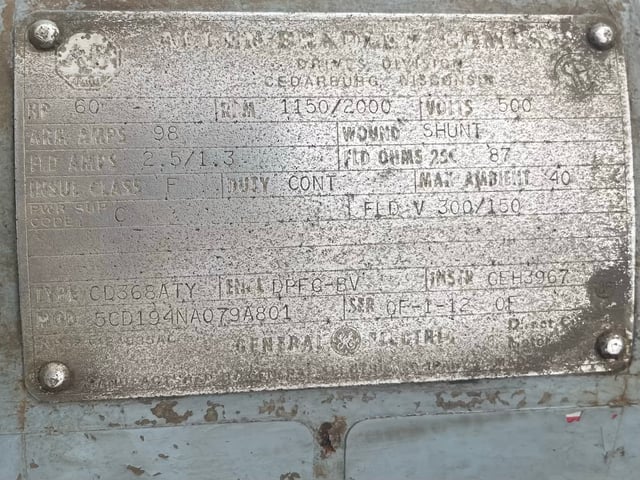 60 HP 1200 RPM General Electric, Frame 368ATY, DPFVBB, 500 VA, 300/150 VF - Image 3