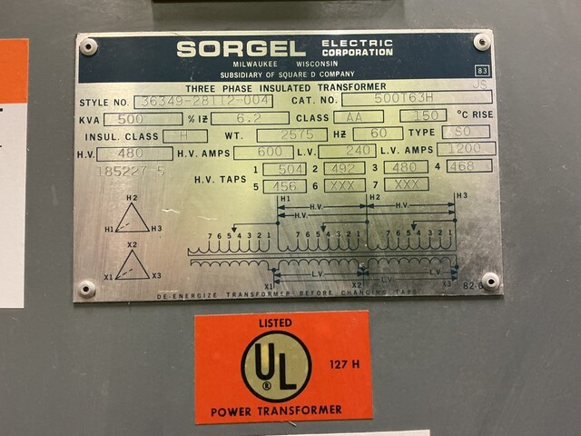 500 KVA 480 Primary, 240 Secondary, Sorgel #500T63H transformer - Image 10