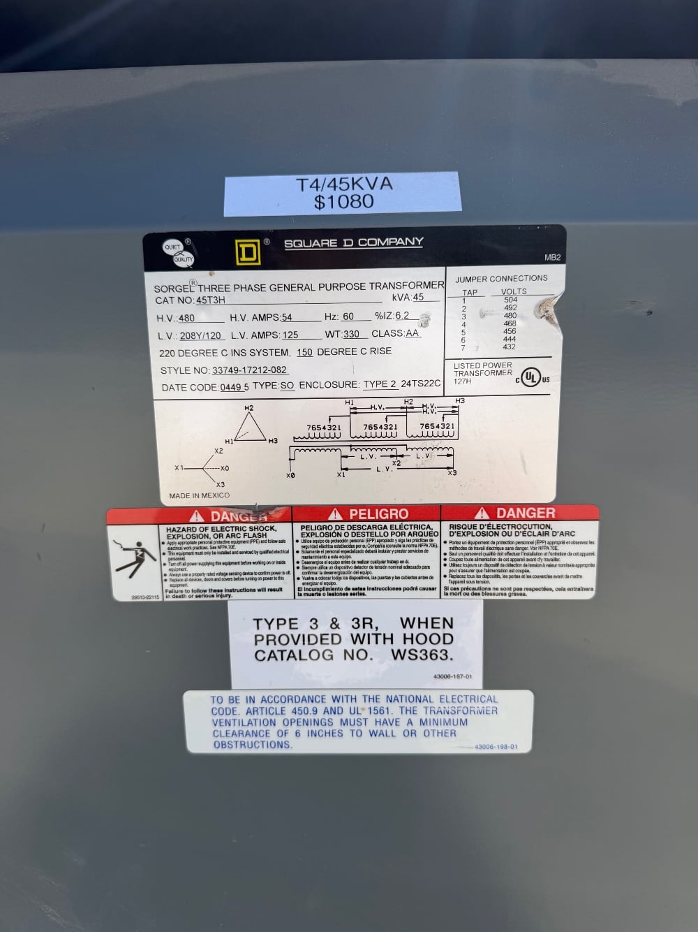 45 KVA 480 Primary, 208Y/120 Secondary, Square D / Square D / Sorgel - Image 4