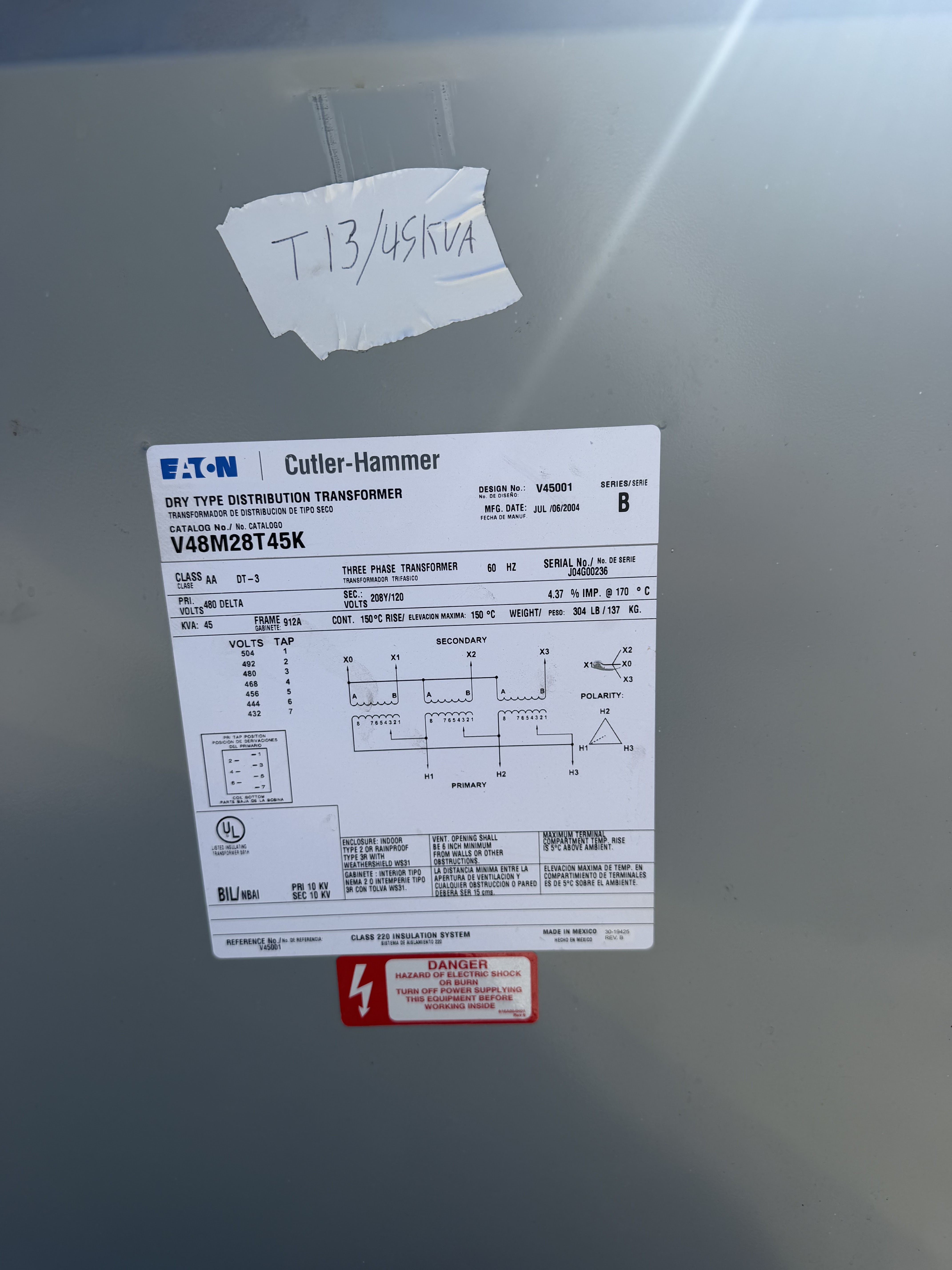 45 KVA 480 Delta Primary, 208Y/120 Secondary, Eaton Eaton Cutler-Hammer #V48M28T45K, Dry Type Transformer, 3 - Image 2