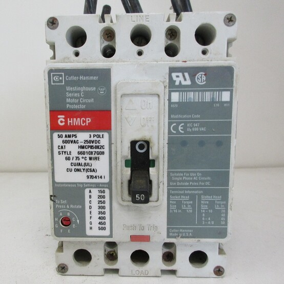 50 Amps, Cutler-Hammer #HMCP050K2C, HMCP Breaker, 3-pole, 600 VAC/250 VDC, 150-500A adjustable instantaneous - Image 1
