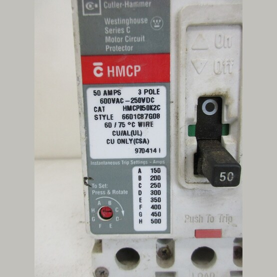 50 Amps, Cutler-Hammer #HMCP050K2C, HMCP Breaker, 3-pole, 600 VAC/250 VDC, 150-500A adjustable instantaneous - Image 2