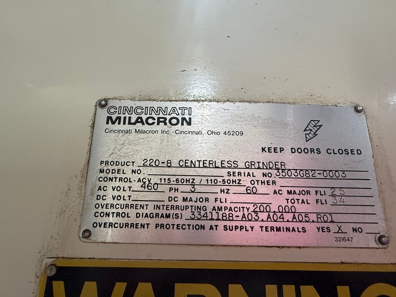 Cincinnati Milacron #220-8, centerless grinder, 20" x 8" x 12" grinding wheel, 12" x 8" regulating wheel, 3" - Image 5