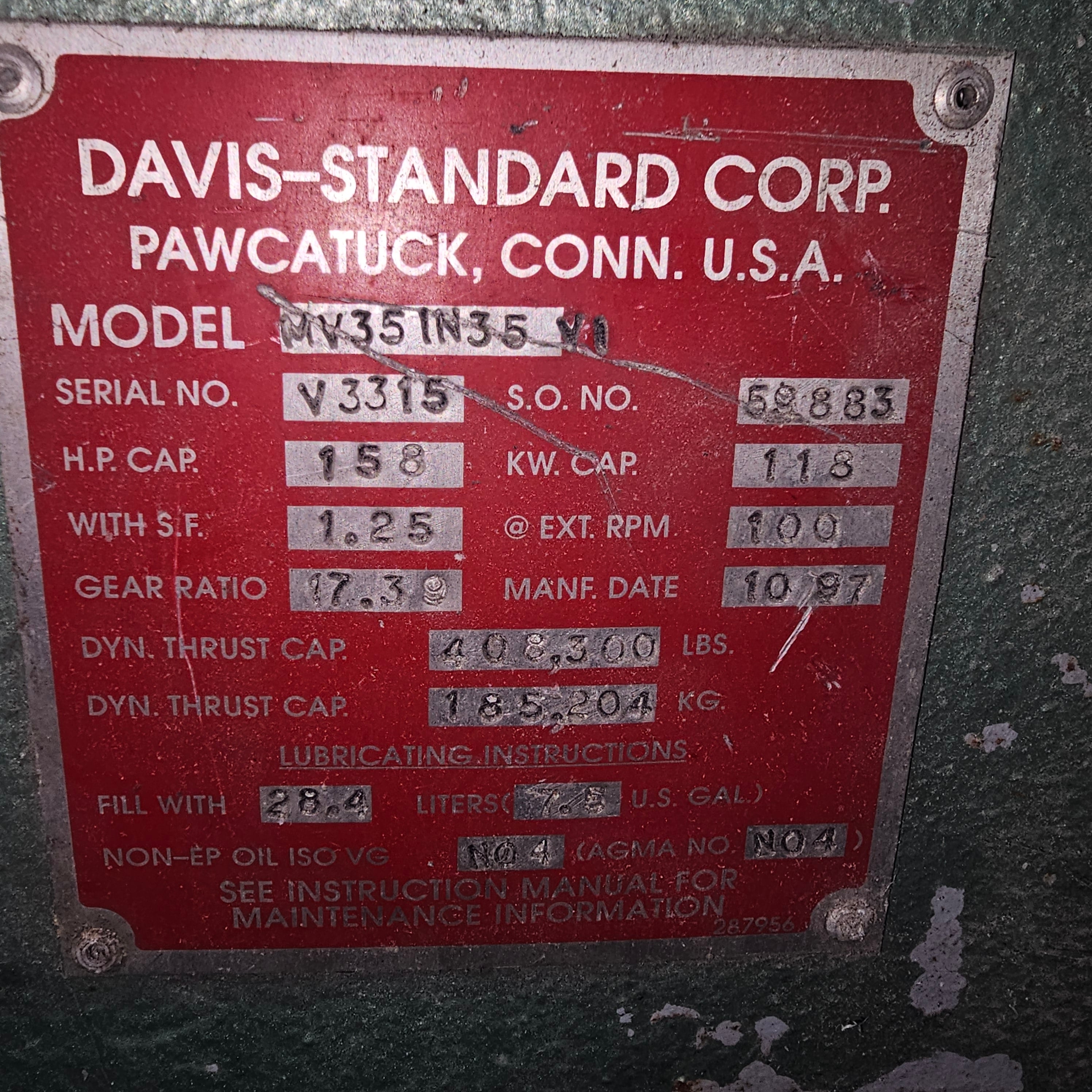 3.5" Davis Standard #MV35IN35, extruder, 24:1 L/D, air cooled, non-vented, 158 HP, 17.39:1 gear ratio, 1998 - Image 5